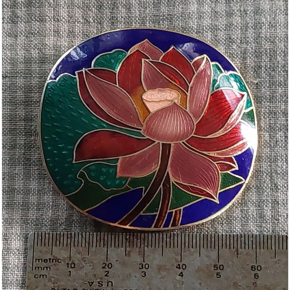 Pink Red Cloisonne Lotus Guilloche Enamel Buckle